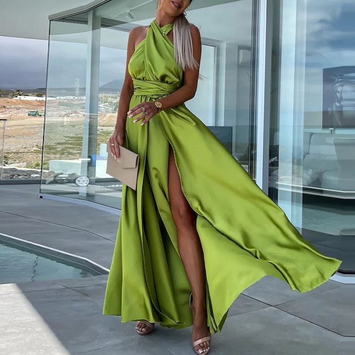 Sexy Lace Up Elegant Strapless Slit Fashion Solid Color Party  Wedding Guest Dress