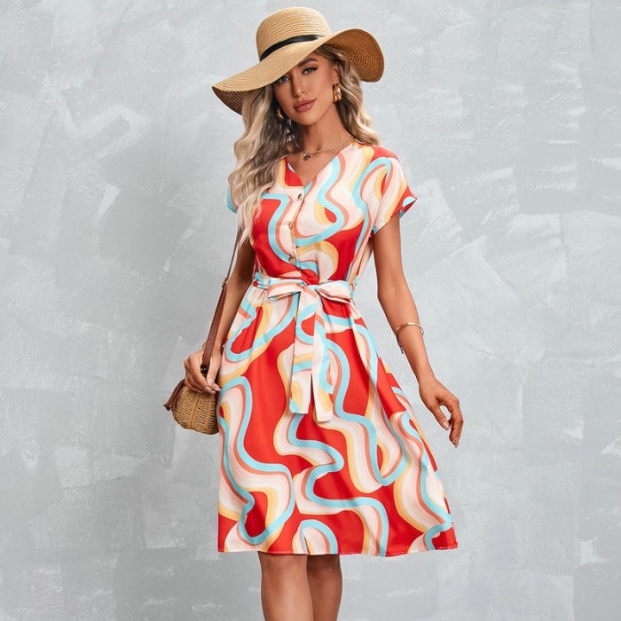 Fashion Casual Geometric Print Short Sleeve V Neck Casual Dress