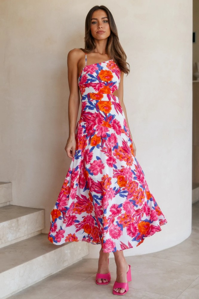 Fashion Print Sleeveless Hollow Waist Bohemian Style Party Wedding Guest Dress
