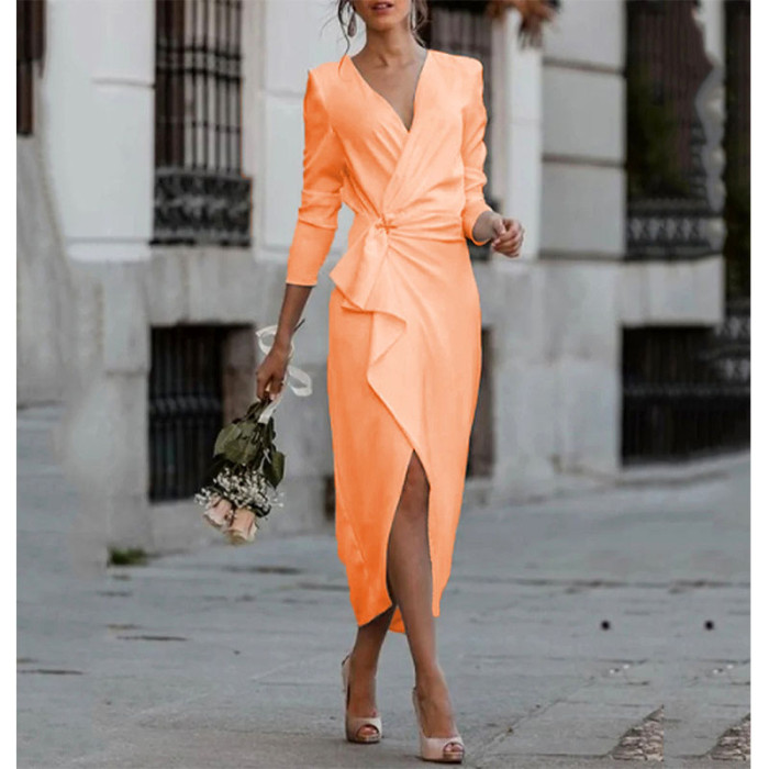 Fashion Irregular Slim V Neck Sexy Pure Color High Waist Casual  Maxi Dress