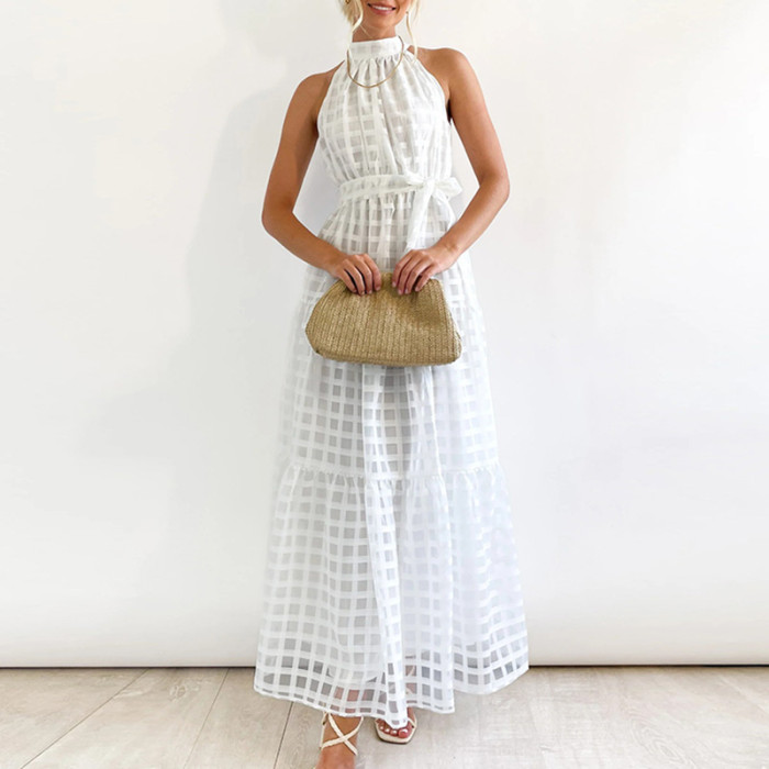 Loose Party Elegant Mesh Lace Solid Color Sexy Sleeveless Wedding Guest Dress