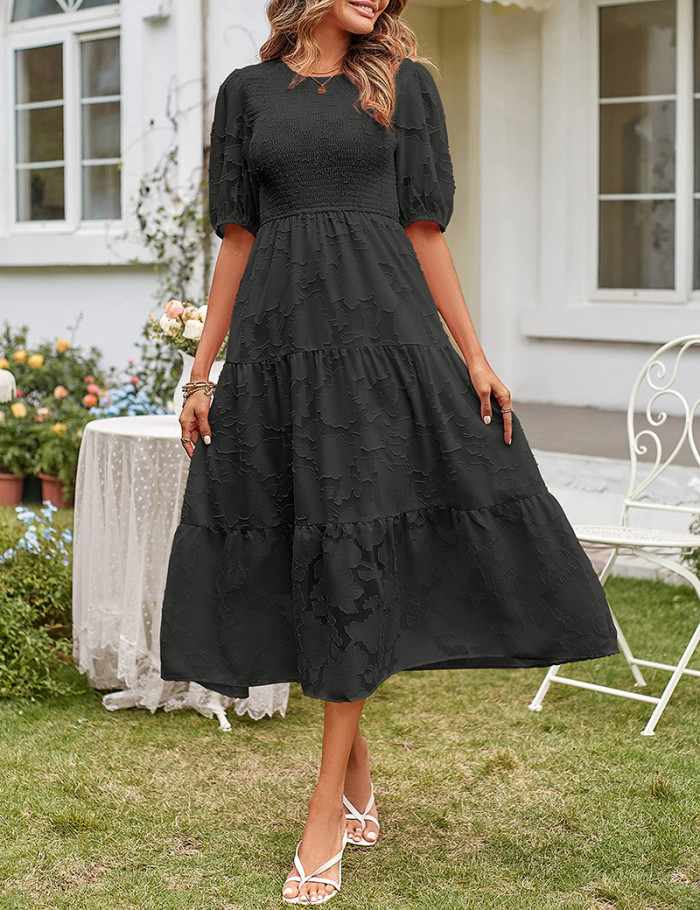Fashion Solid Color O-neck Lace Floral Retro Loose  Maxi Dress