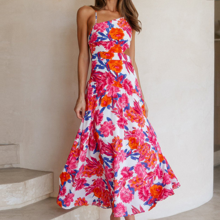 Fashion Print Sleeveless Hollow Waist Bohemian Style Party Wedding Guest Dress