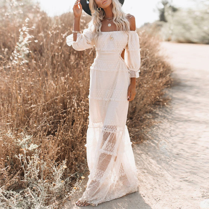 Fashion Sexy Bohemian Off-Shoulder Mesh Slant Neck Pleated Wedding Guest Dress