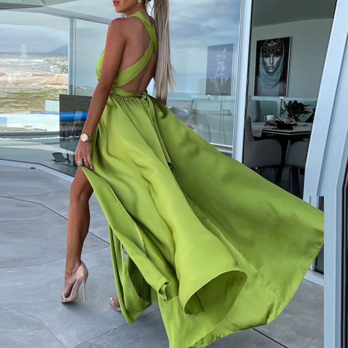 Sexy Lace Up Elegant Strapless Slit Fashion Solid Color Party  Wedding Guest Dress