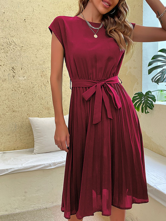 Fashion Elegant Beach Pleated Solid Color Open Collar Casual Dress