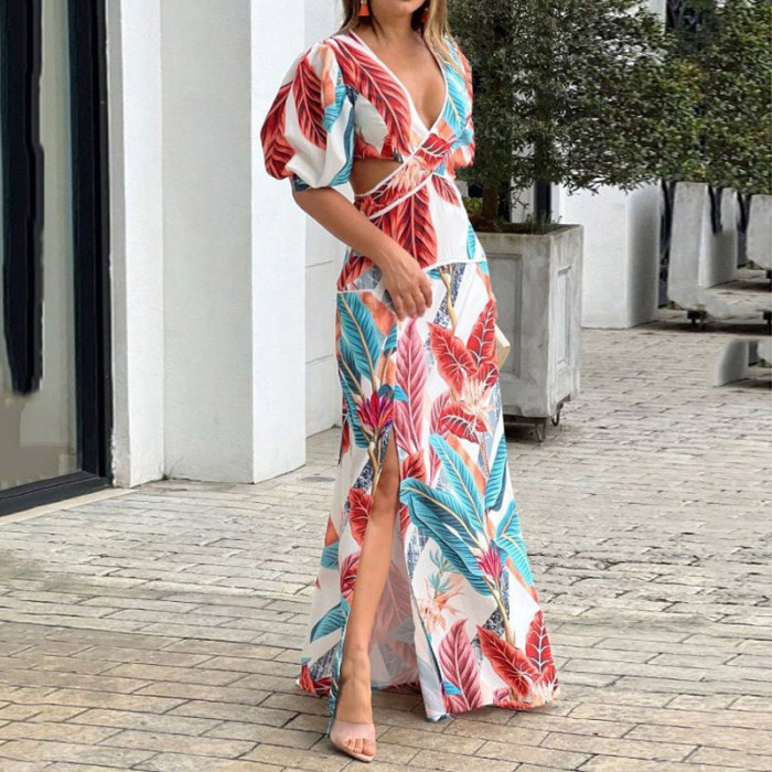 Printed Hollow Elegant Deep V Neck Party Fashion Bohemian Wedding Guest Dress