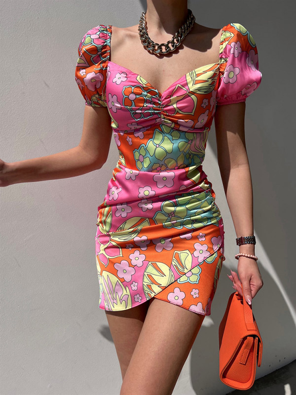 Sexy Summer Fashion Halter Print Casual Pleated Irregular  Bodycon Dress