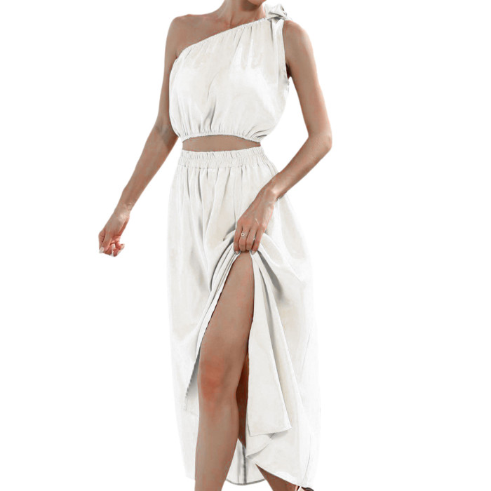 Summer Fashion One Shoulder Bow Knot Suit Slit Swing  Maxi Dress