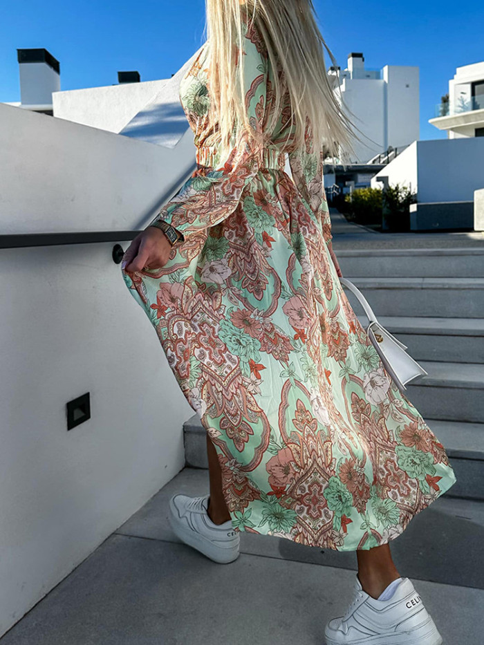 Women's Party Print Long Sleeve V Neck Fashion Elegant Slit  Maxi Dress