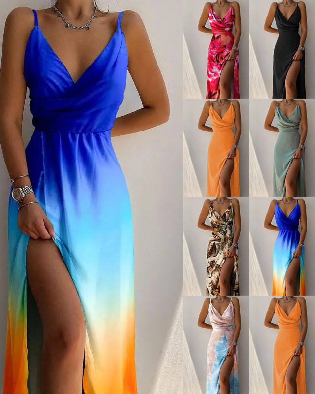 Printed Backless Sleeveless Sexy Suspenders Big Swing Casual Party Wedding Guest Dress