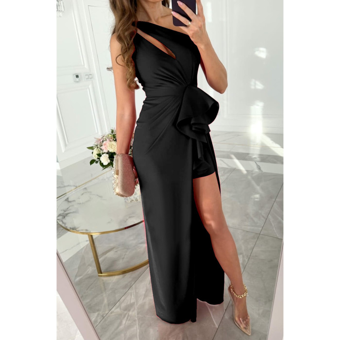Casual Ladies Solid Color Slash Neck Cutout Asymmetric Sexy Party Wedding Guest Dress