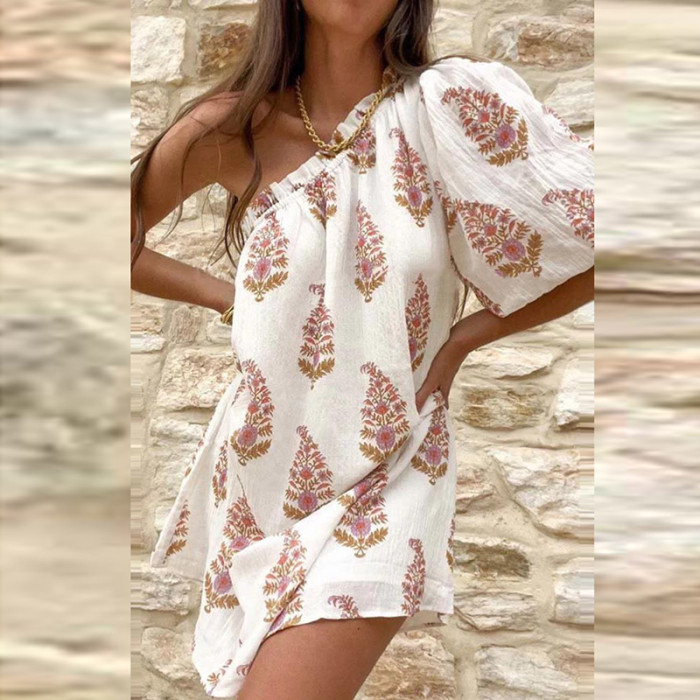 Elegant One Shoulder Irregular Party Sexy Printed Mini Casual Dress