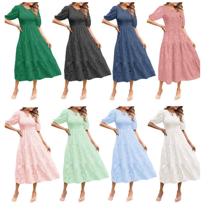 Fashion Solid Color O-neck Lace Floral Retro Loose  Maxi Dress