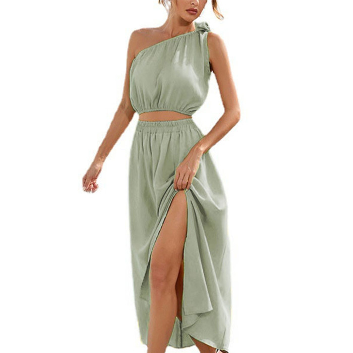 Summer Fashion One Shoulder Bow Knot Suit Slit Swing  Maxi Dress