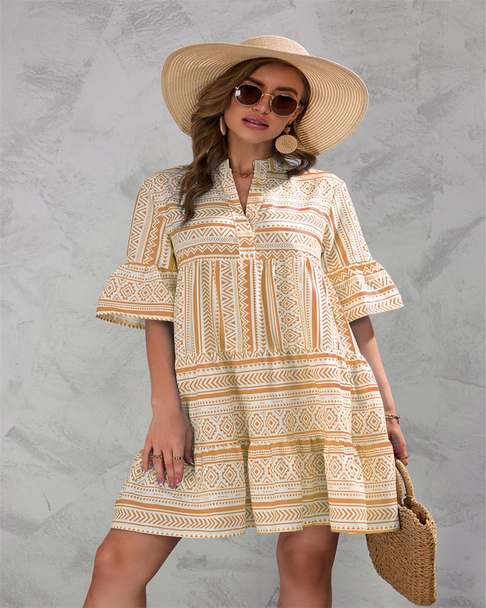 Women's Casual Retro Geometric Print V Neck Loose Mini Dress