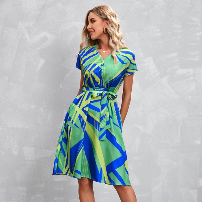 Fashion Casual Geometric Print Short Sleeve V Neck Casual Dress