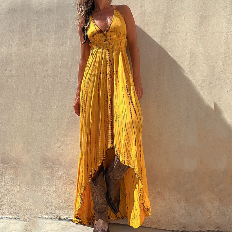 Vintage Print Loose Sleeveless Backless V-Neck A-Line Maxi Dress