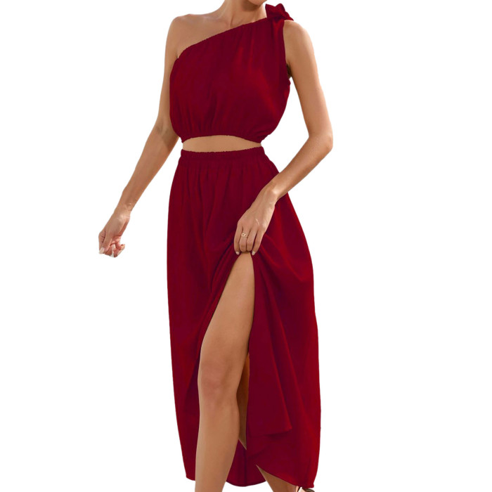 Summer Fashion One Shoulder Bow Knot Suit Slit Swing  Maxi Dress
