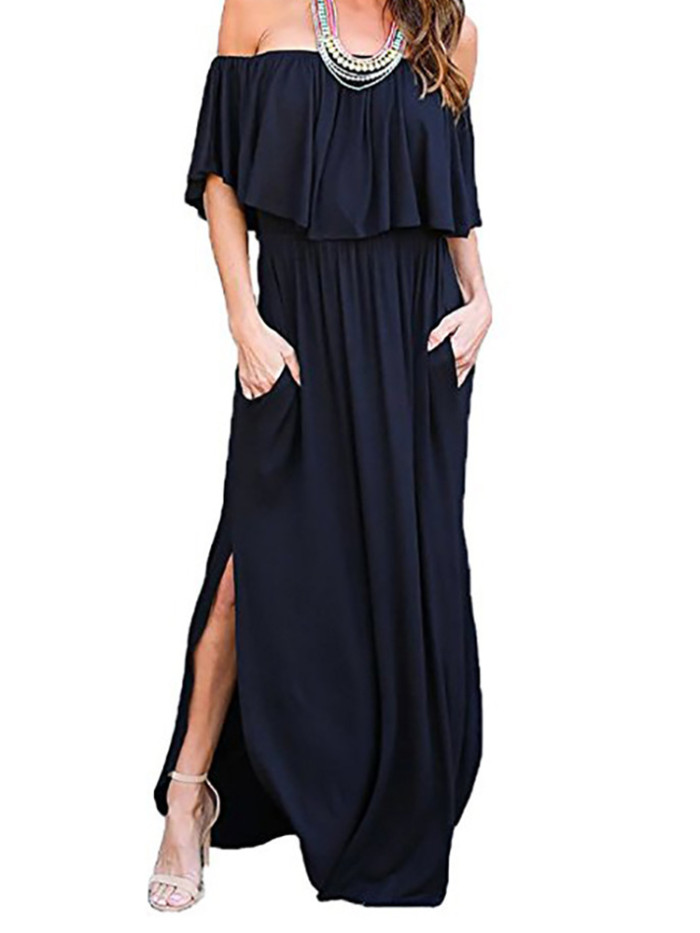 Sexy Elegant Ruffled Strapless Slit Solid Color Stretch  Maxi Dress