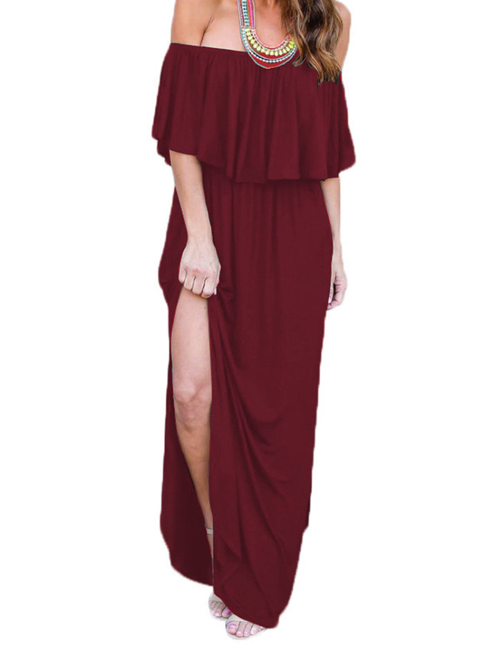 Sexy Elegant Ruffled Strapless Slit Solid Color Stretch  Maxi Dress