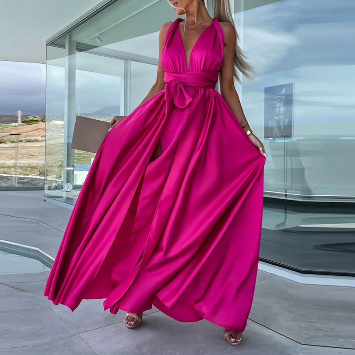 Sexy Lace Up Elegant Strapless Slit Fashion Solid Color Party  Wedding Guest Dress