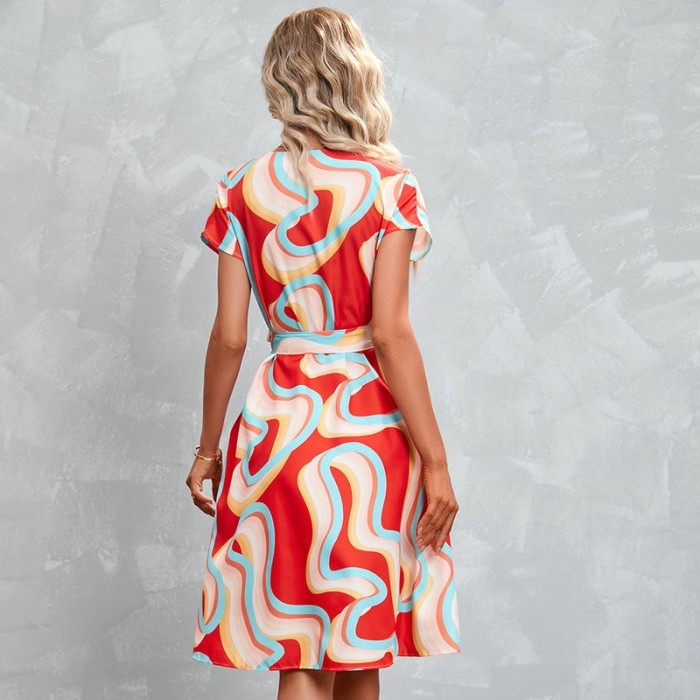 Fashion Casual Geometric Print Short Sleeve V Neck Casual Dress