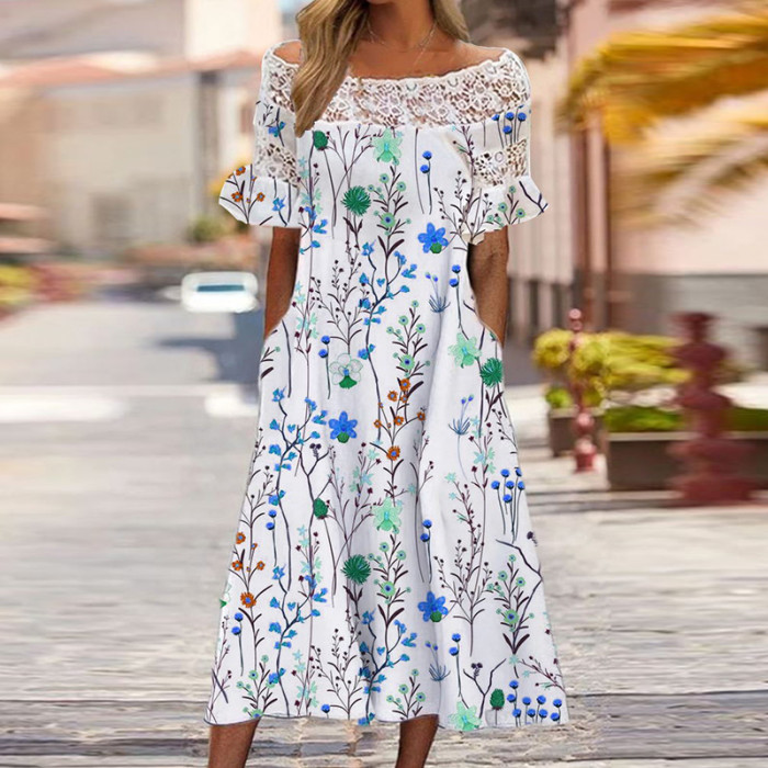 Embroidered Lace Elegant Off-Shoulder Printed A-Line Party Backless Casual Dress
