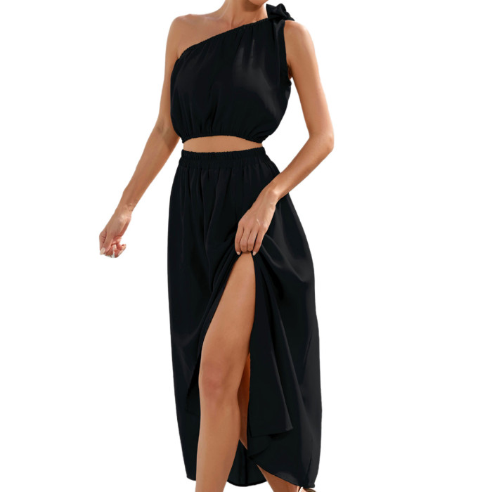 Summer Fashion One Shoulder Bow Knot Suit Slit Swing  Maxi Dress