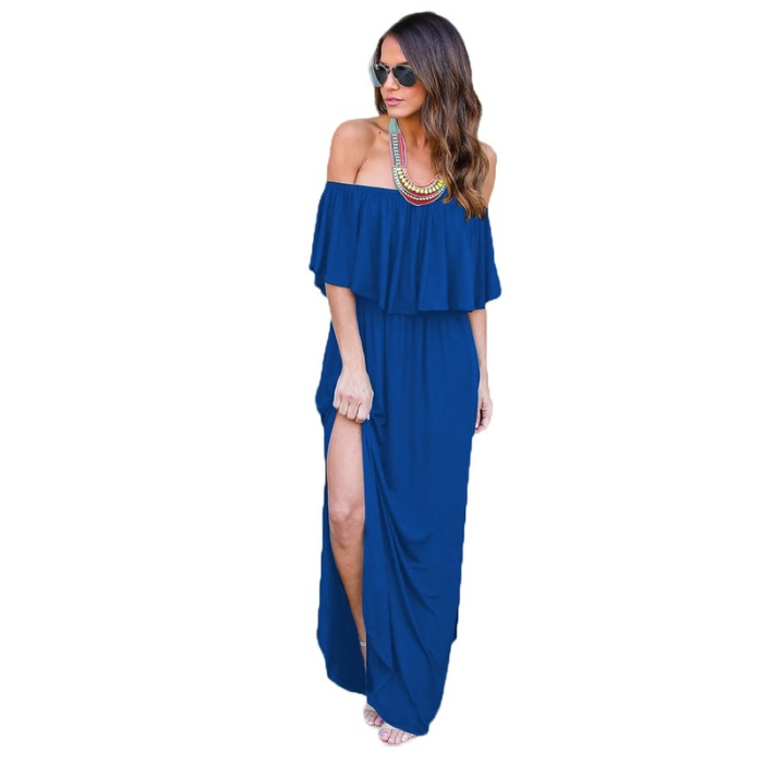 Sexy Elegant Ruffled Strapless Slit Solid Color Stretch  Maxi Dress