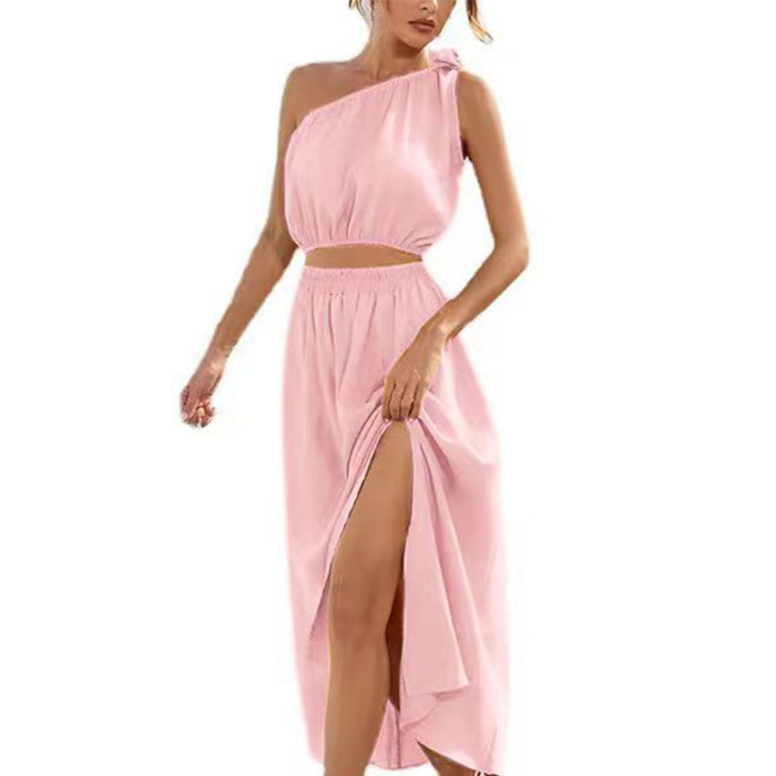 Summer Fashion One Shoulder Bow Knot Suit Slit Swing  Maxi Dress