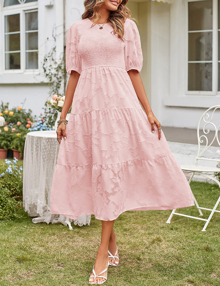 Fashion Solid Color O-neck Lace Floral Retro Loose  Maxi Dress