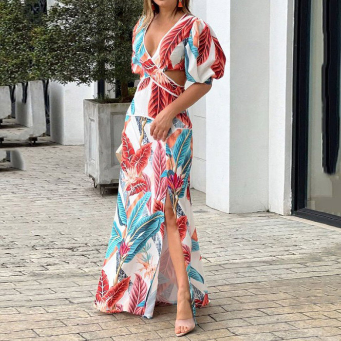 Printed Hollow Elegant Deep V Neck Party Fashion Bohemian Wedding Guest Dress