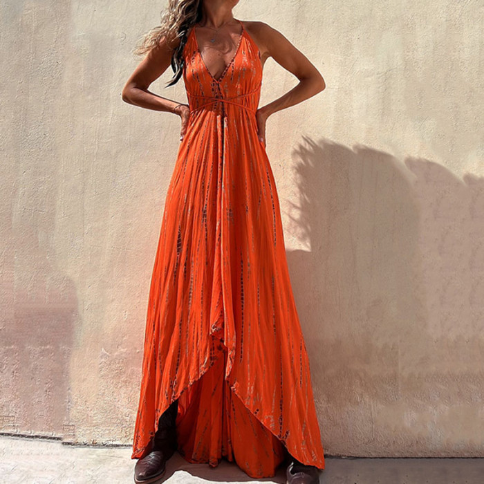 Vintage Print Loose Sleeveless Backless V-Neck A-Line Maxi Dress