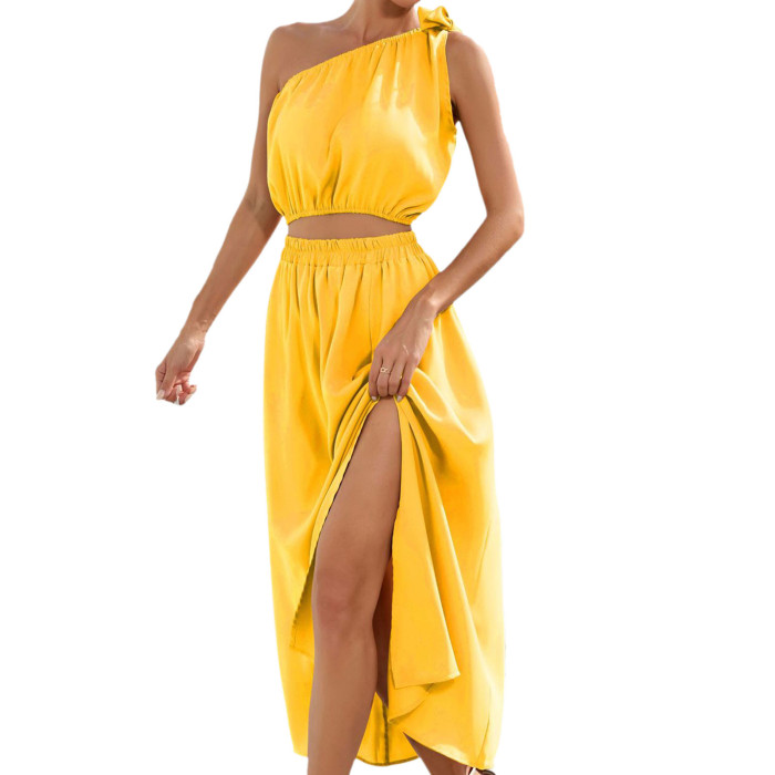 Summer Fashion One Shoulder Bow Knot Suit Slit Swing  Maxi Dress