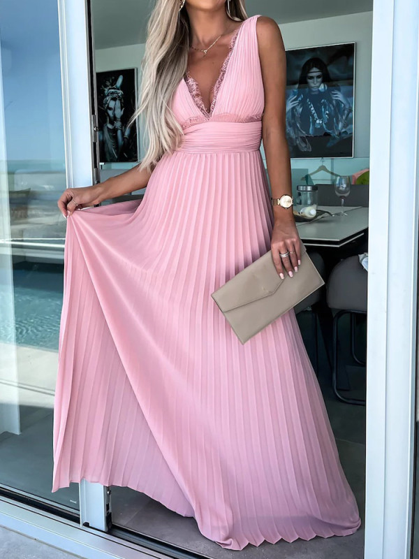 Fashion Party Solid Color Backless Lace Loose Sleeveless Wedding Guest Dress