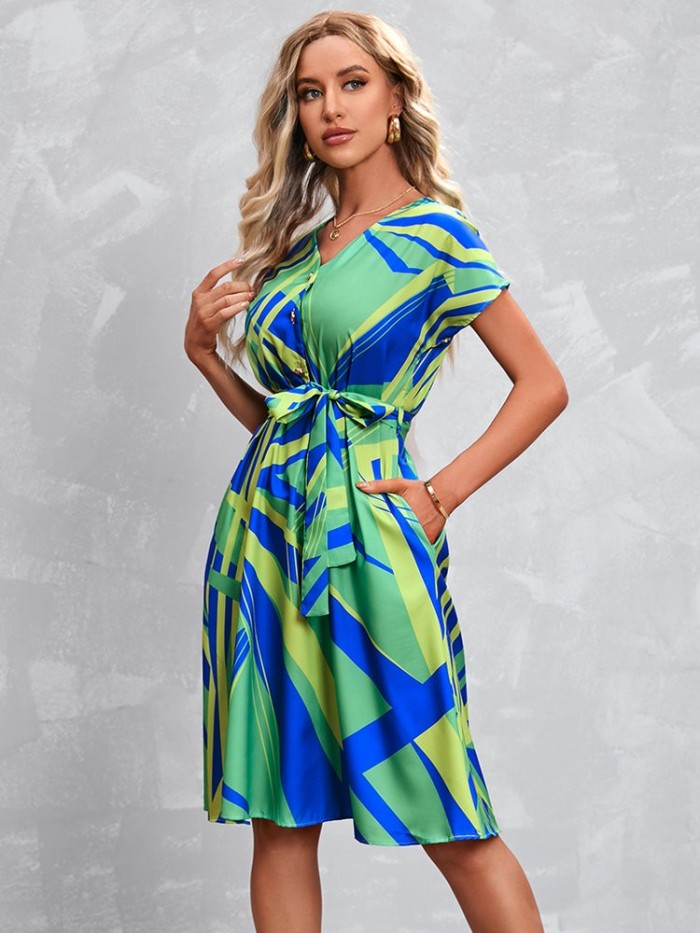 Fashion Casual Geometric Print Short Sleeve V Neck Casual Dress