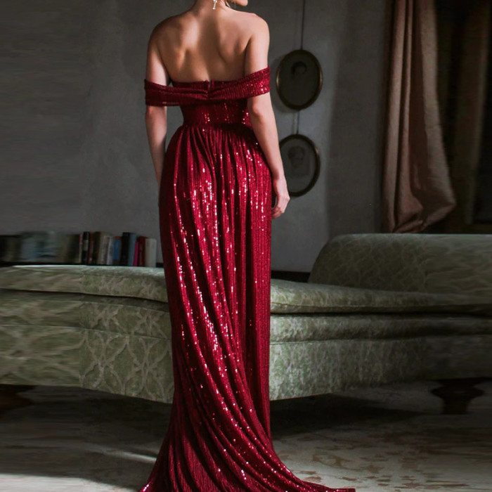 Fashion Shiny Sexy Off Shoulder Bodysuit Party Elegant Backless Wedding Guest Dress
