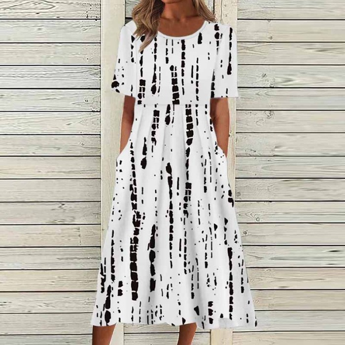 Bohemian O Neck Pocket Print Mini Loose Beach Casual Party Dress