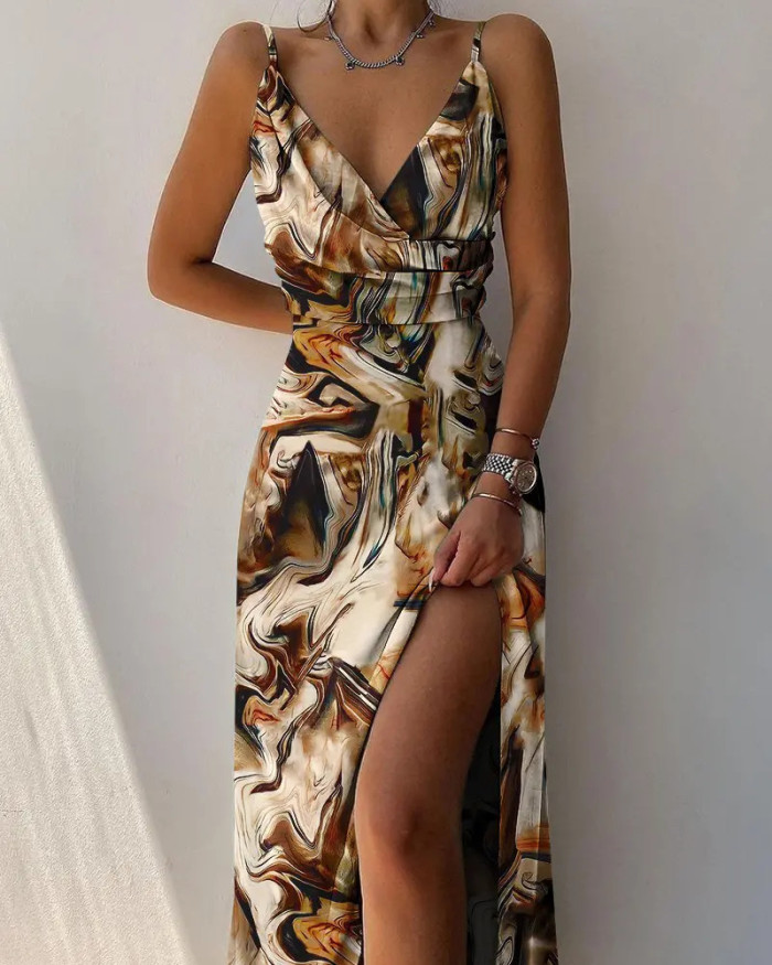 Printed Backless Sleeveless Sexy Suspenders Big Swing Casual Party Wedding Guest Dress
