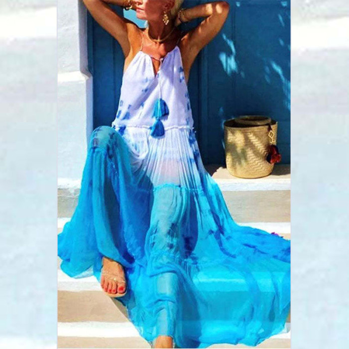 Elegant Beach Casual Sleeveless Loose Party Fashion Tie Dye Printed Maxi Dress