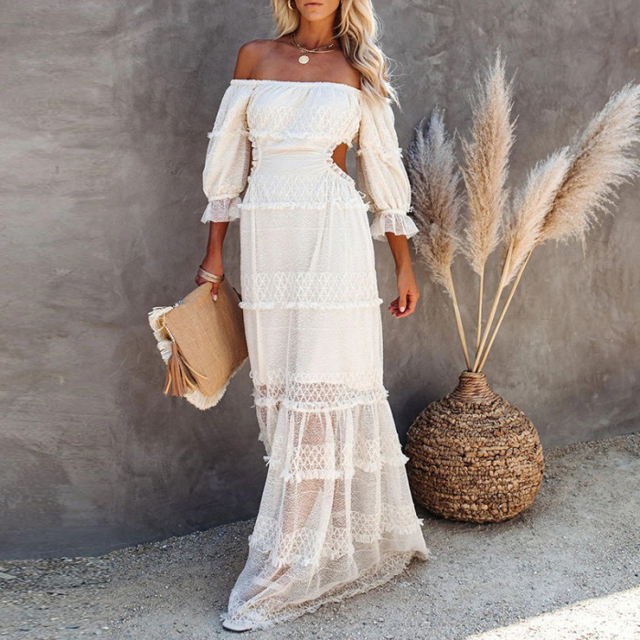 Fashion Sexy Bohemian Off-Shoulder Mesh Slant Neck Pleated Wedding Guest Dress