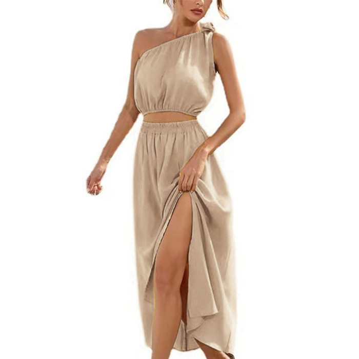 Summer Fashion One Shoulder Bow Knot Suit Slit Swing  Maxi Dress