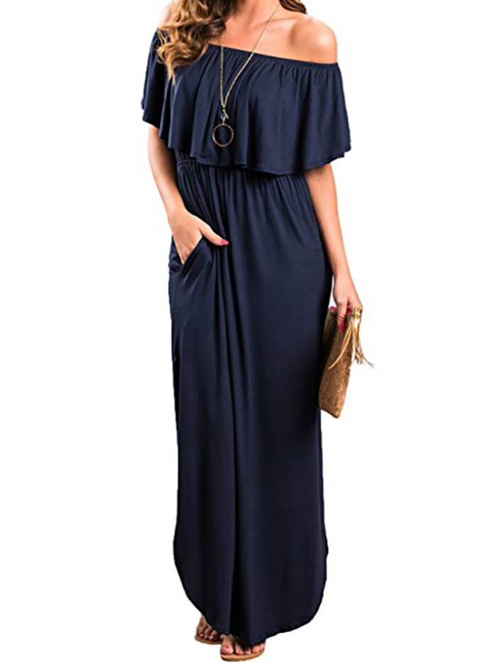 Sexy Elegant Ruffled Strapless Slit Solid Color Stretch  Maxi Dress