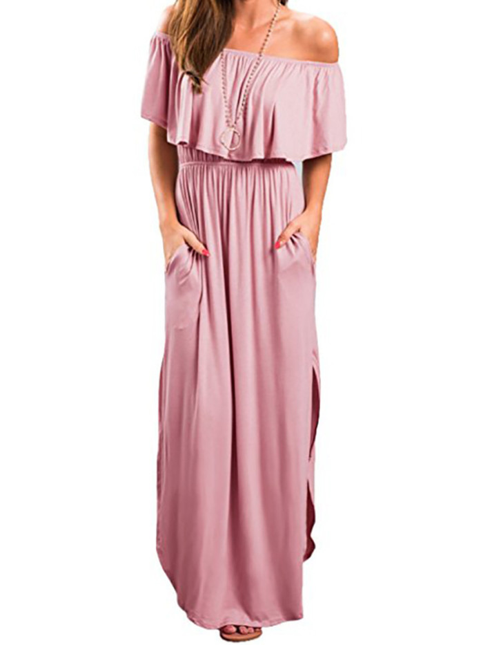 Sexy Elegant Ruffled Strapless Slit Solid Color Stretch  Maxi Dress