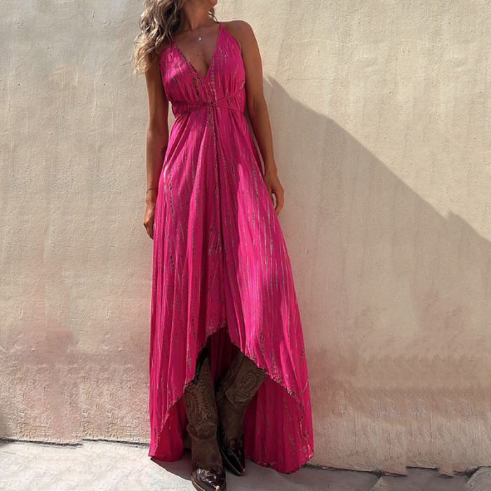 Vintage Print Loose Sleeveless Backless V-Neck A-Line Maxi Dress