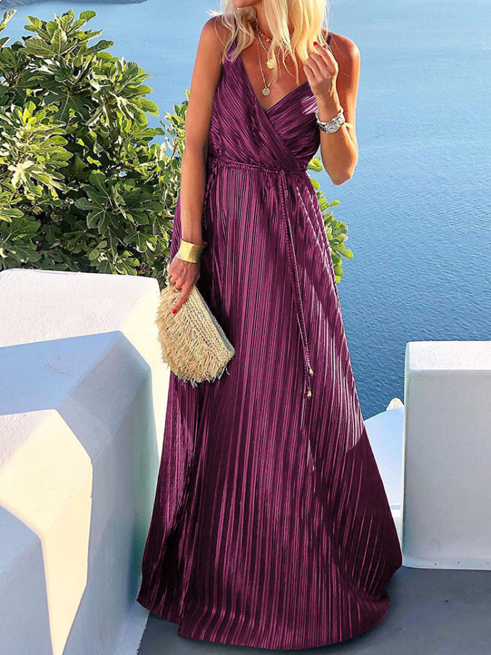 Fashion Lace Up Solid Color Sleeveless Deep V Neck Elegant Party Wedding Guest Dress