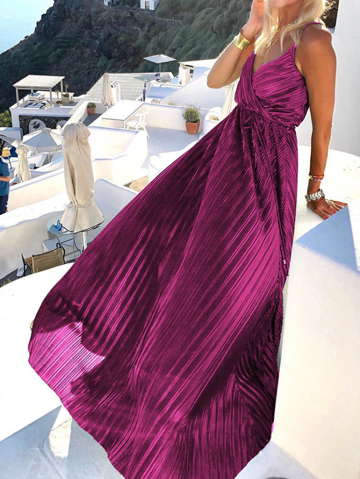 Fashion Lace Up Solid Color Sleeveless Deep V Neck Elegant Party Wedding Guest Dress