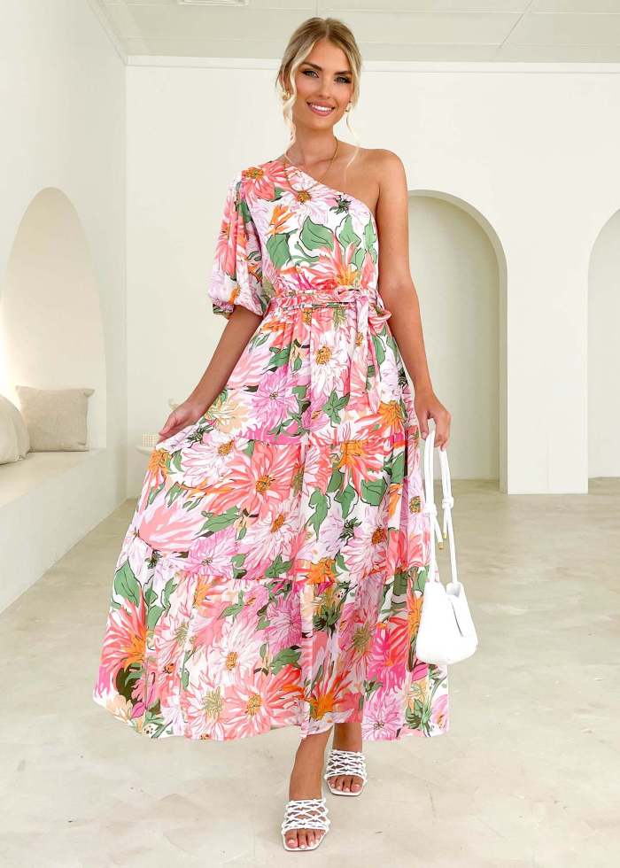 Fashion Sexy Off Shoulder Slash Neck Floral Elegant Party A-Line  Maxi Dress