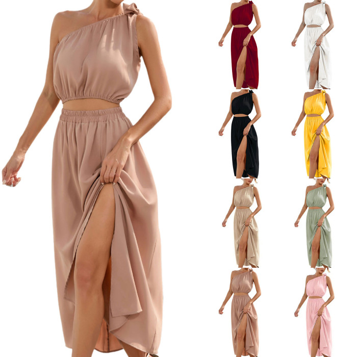 Summer Fashion One Shoulder Bow Knot Suit Slit Swing  Maxi Dress